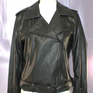 NEW DKNY Black Faux Leather Moto Jacket – Belted Waist, Asymmetrical Zip Size M